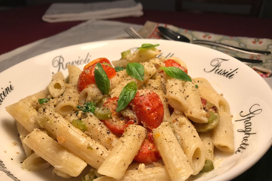 Broccolini and green olive penne in creamy&nbsp;sauce